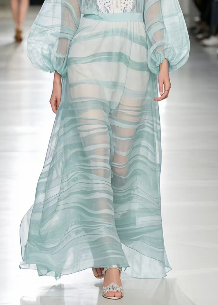 Fashion Light Blue Print Lace Patchwork Chiffon Ankle Dress Summer