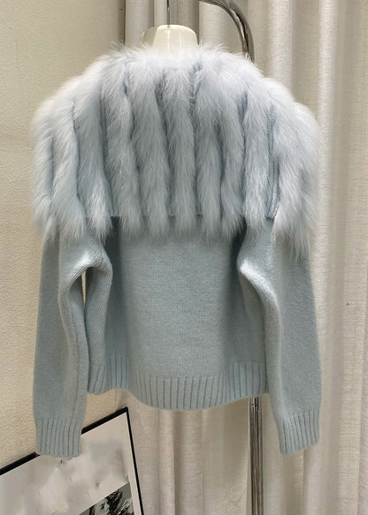 Modische hellblaue Strickjacke mit Matrosenkragen und Patchwork-Design aus Baumwolle für den Winter