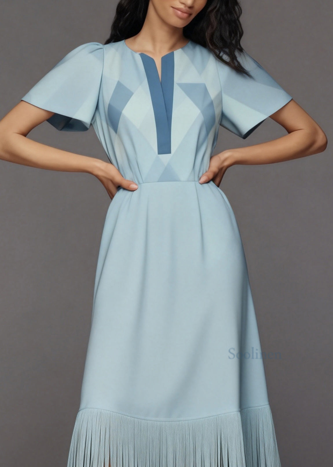 Fashion Light Blue Tasseled Patchwork Cotton Long Dress Summer