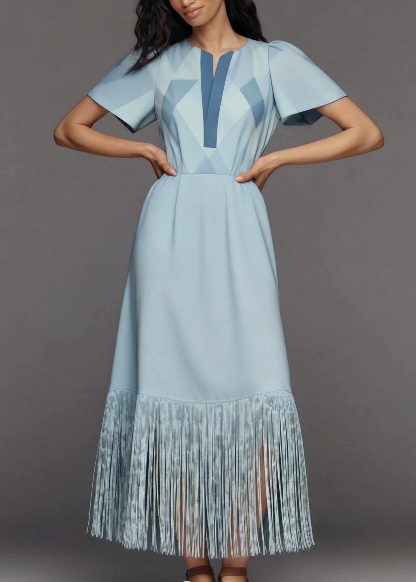 Fashion Light Blue Tasseled Patchwork Cotton Long Dress Summer