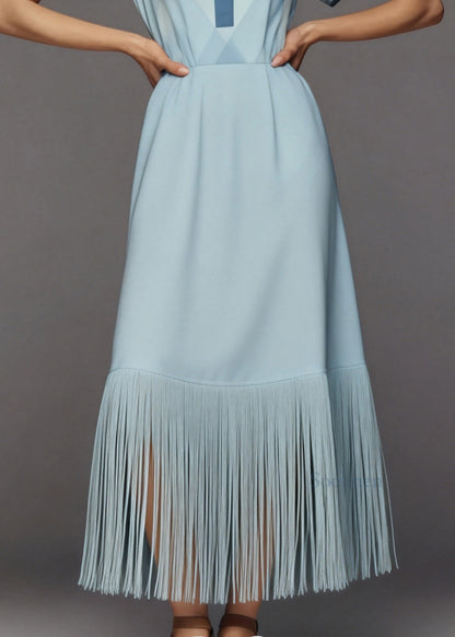 Fashion Light Blue Tasseled Patchwork Cotton Long Dress Summer