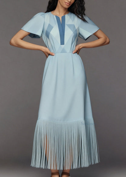 Fashion Light Blue Tasseled Patchwork Cotton Long Dress Summer