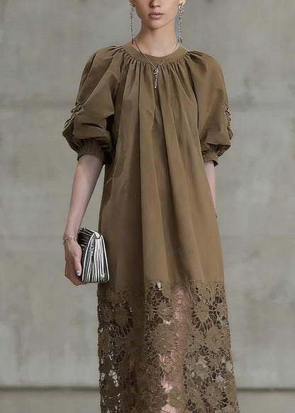 Fashion Light Coffee Puff Sleeve Lace Patchwork Cotton Long Dress