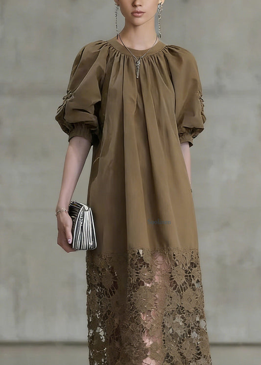 Fashion Light Coffee Puff Sleeve Lace Patchwork Cotton Long Dress