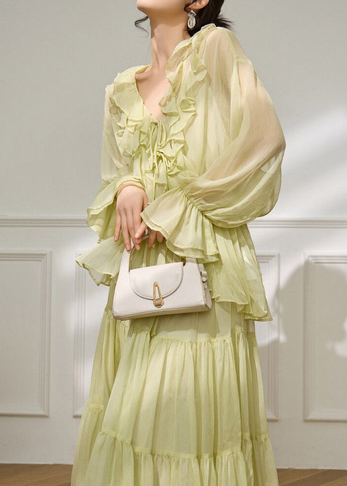 Fashion Light Green V Neck Ruffled Shirts And Maxi Skirts Two Pieces Set Flare Sleeve