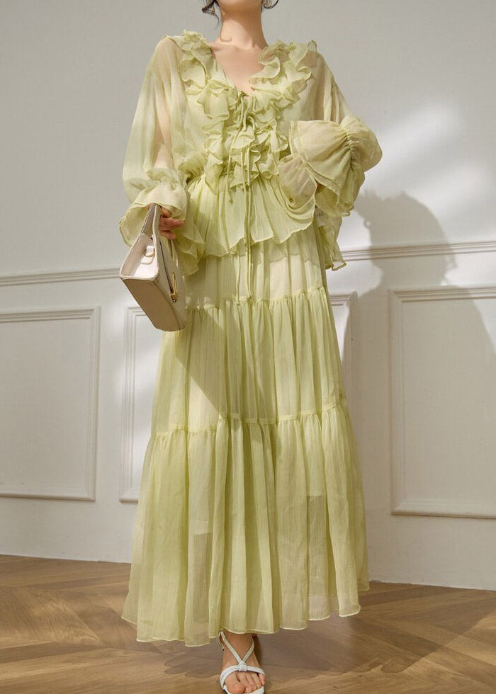 Fashion Light Green V Neck Ruffled Shirts And Maxi Skirts Two Pieces Set Flare Sleeve