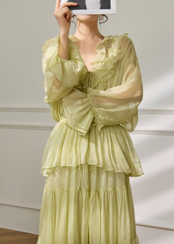 Fashion Light Green V Neck Ruffled Shirts And Maxi Skirts Two Pieces Set Flare Sleeve
