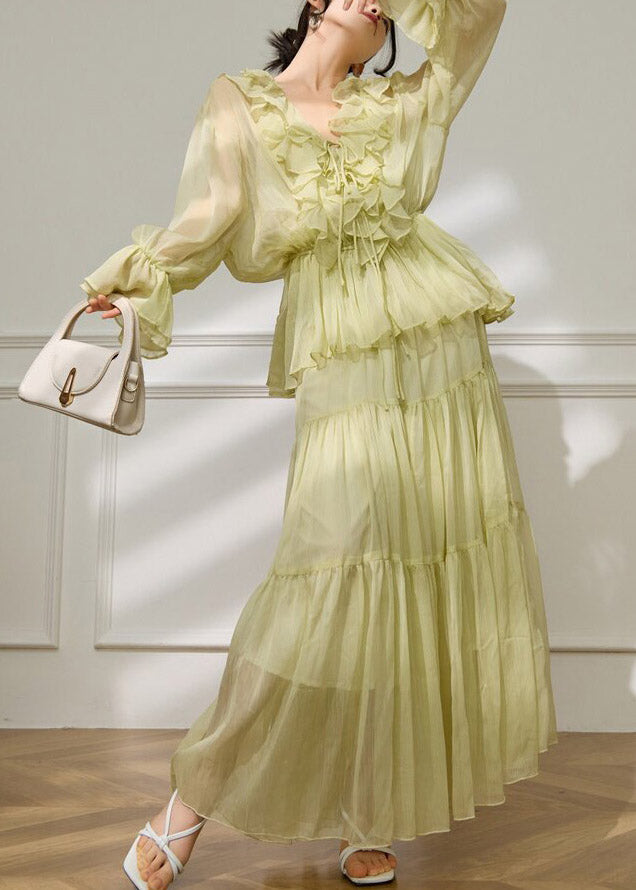Fashion Light Green V Neck Ruffled Shirts And Maxi Skirts Two Pieces Set Flare Sleeve