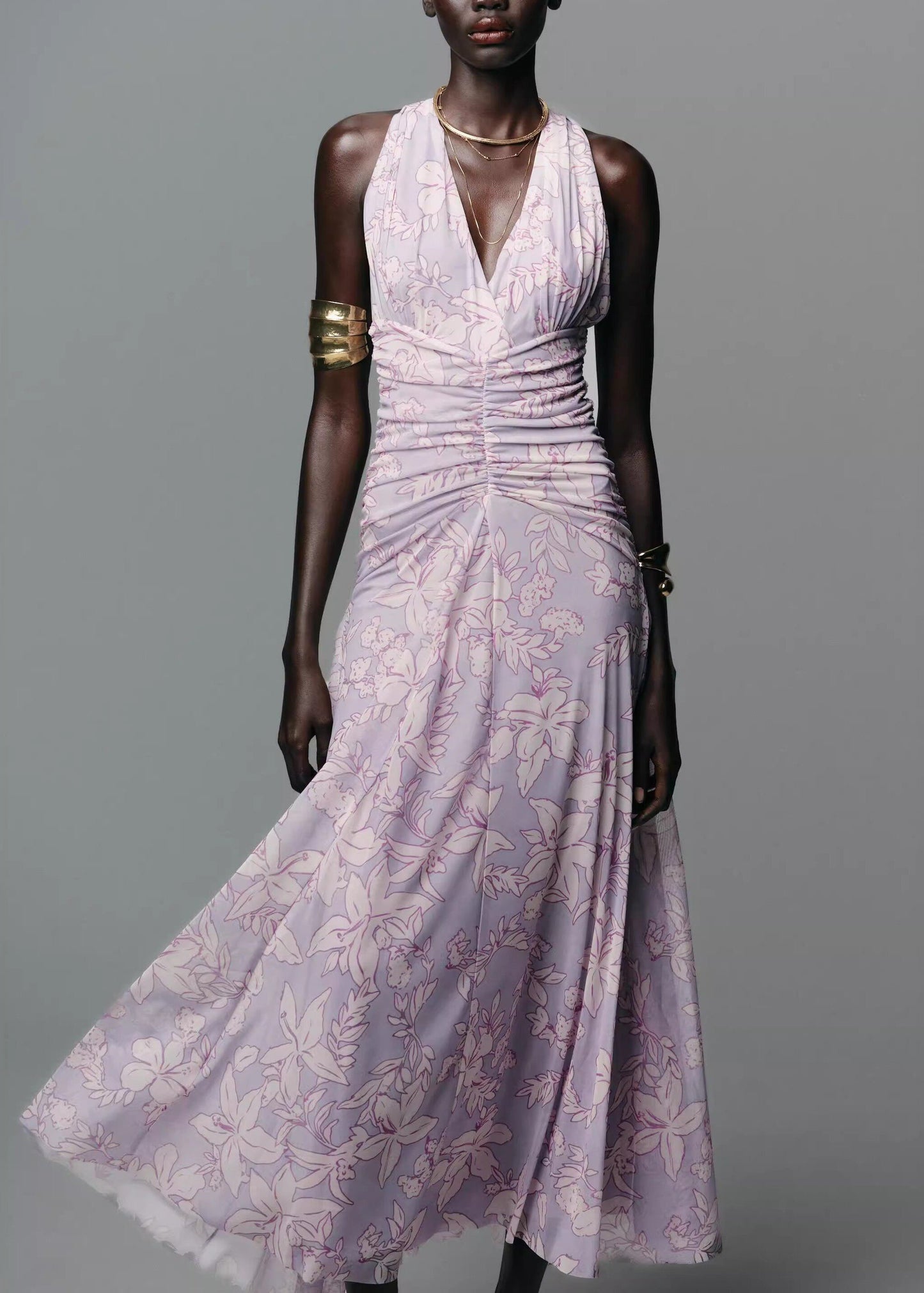 Fashion Light Purple V Neck Print Tulle Dresses Sleeveless