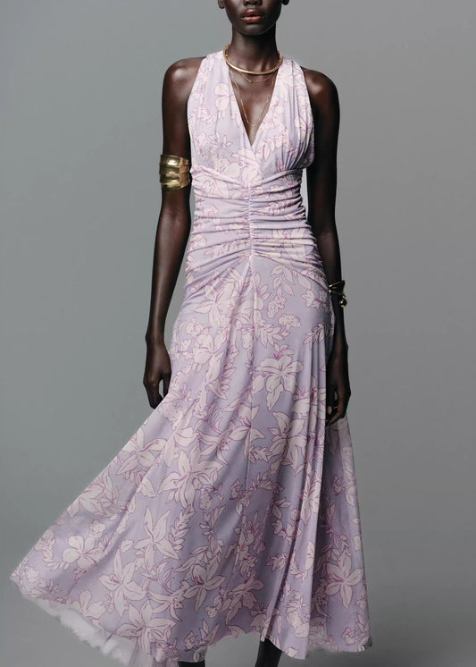 Fashion Light Purple V Neck Print Tulle Dresses Sleeveless