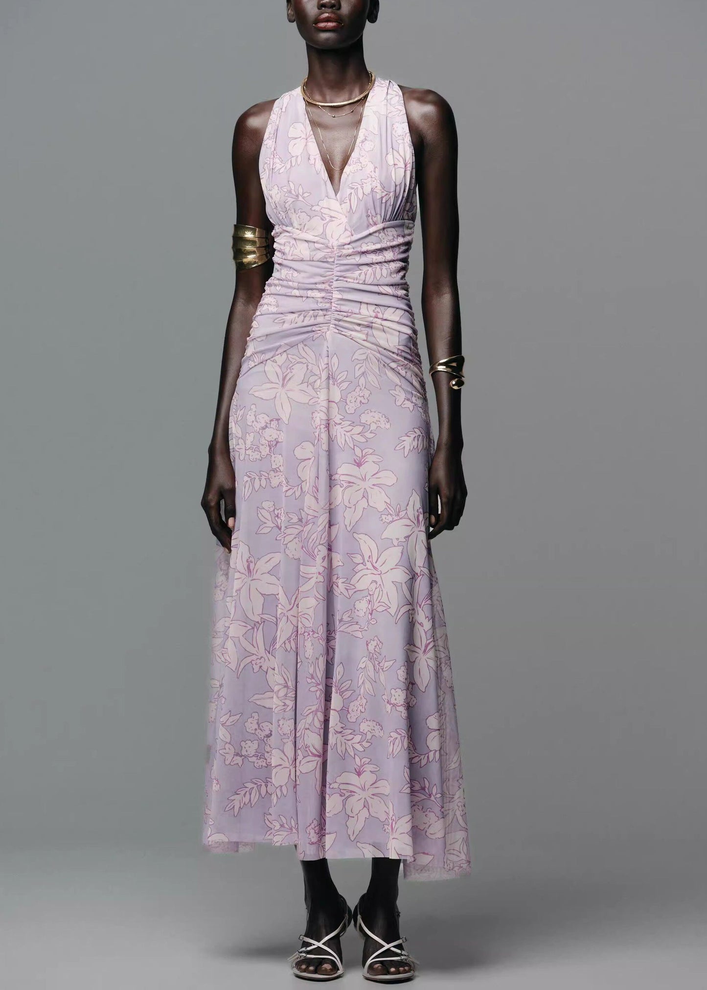 Fashion Light Purple V Neck Print Tulle Dresses Sleeveless