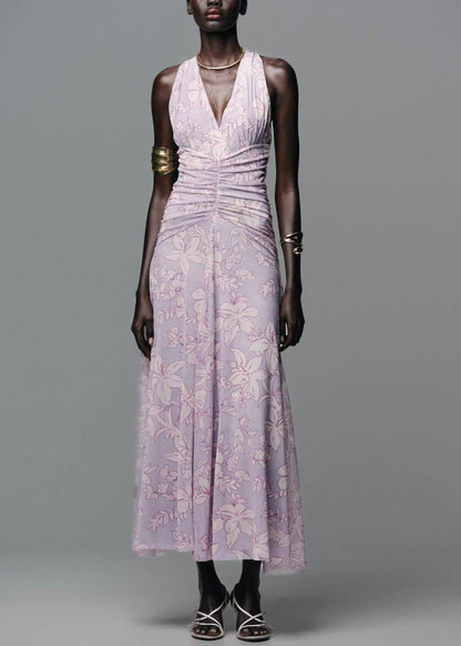 Fashion Light Purple V Neck Print Tulle Dresses Sleeveless