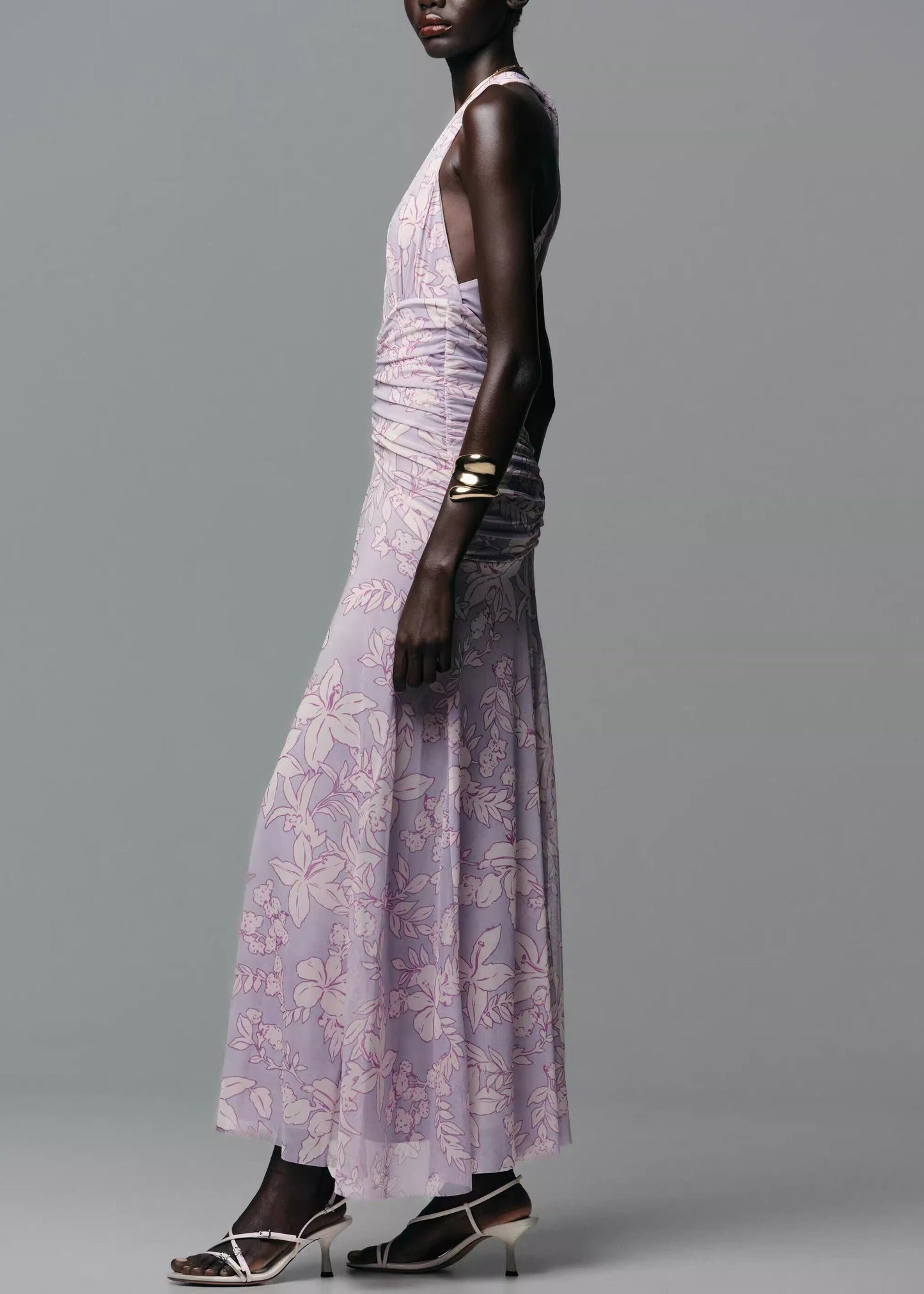 Fashion Light Purple V Neck Print Tulle Dresses Sleeveless