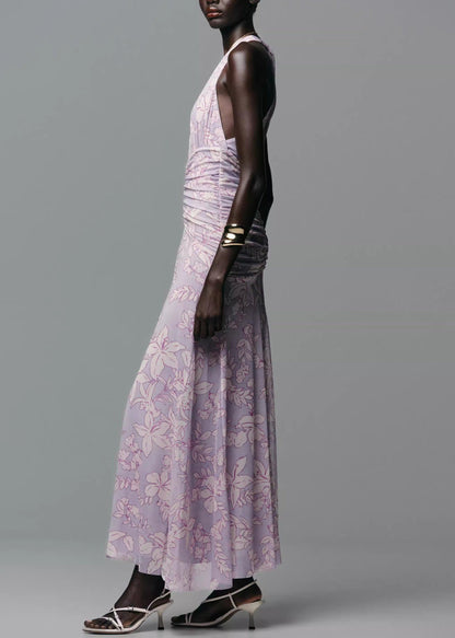 Fashion Light Purple V Neck Print Tulle Dresses Sleeveless