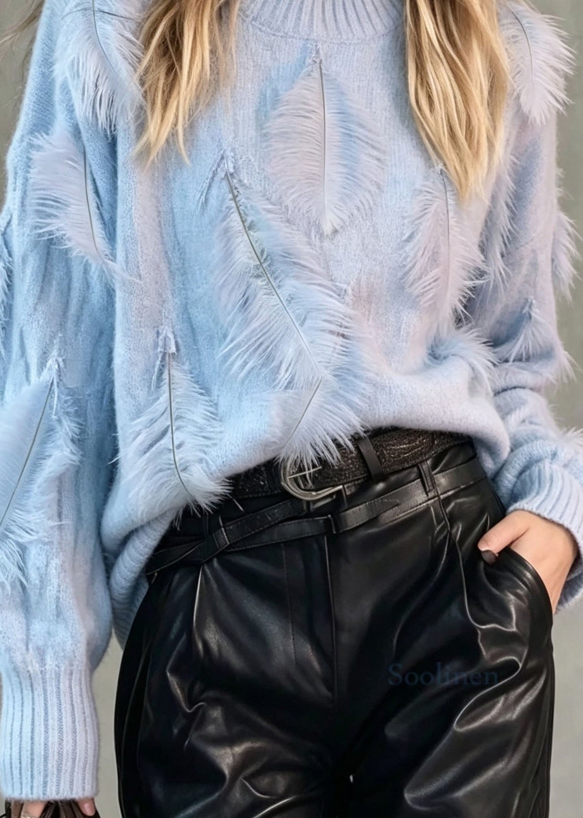 Fashion Loose Blue O Neck Feather Knit Pullover Fall