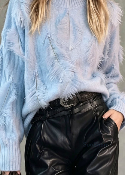 Fashion Loose Blue O Neck Feather Knit Pullover Fall