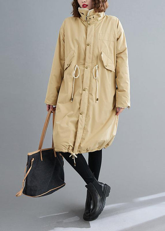 Fashion Loose fitting mid-length coats khaki Square Collar drawstring Woolen Coats - SooLinen