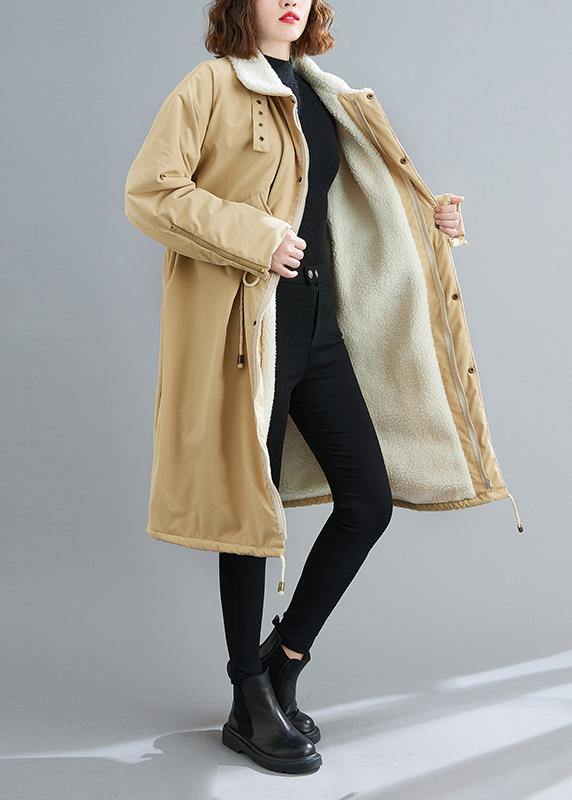 Fashion Loose fitting mid-length coats khaki Square Collar drawstring Woolen Coats - SooLinen