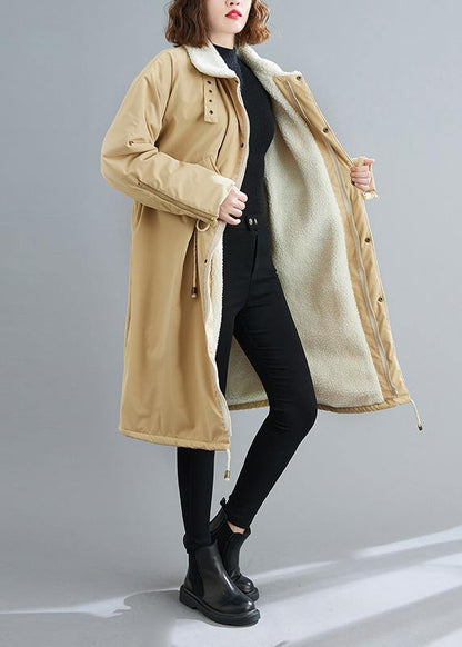 Fashion Loose fitting mid-length coats khaki Square Collar drawstring Woolen Coats - SooLinen