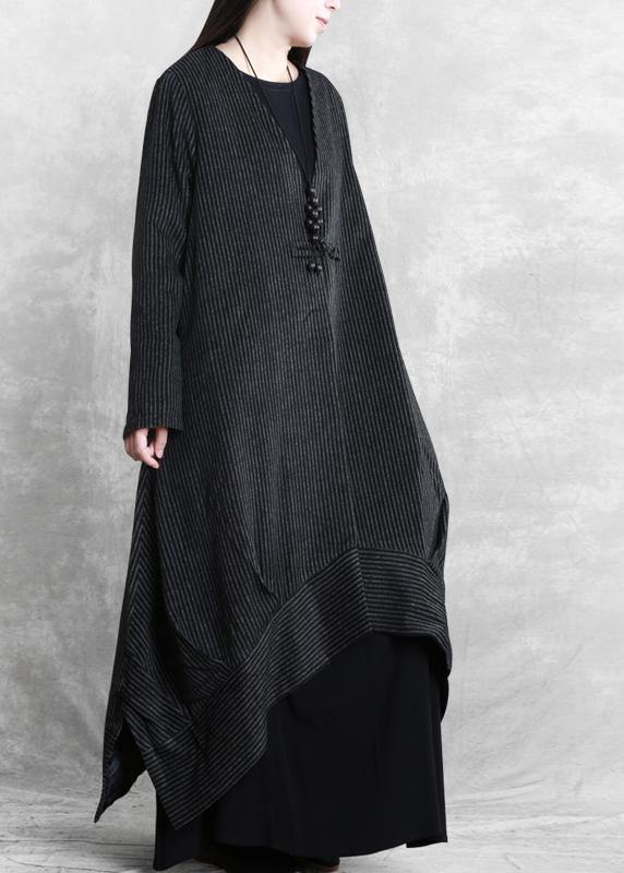 Fashion Loose fitting trench coat black striped v neck patchwork Woolen Coats Women - SooLinen