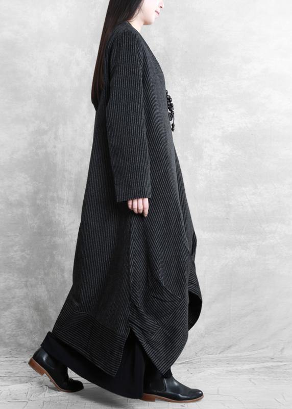 Fashion Loose fitting trench coat black striped v neck patchwork Woolen Coats Women - SooLinen