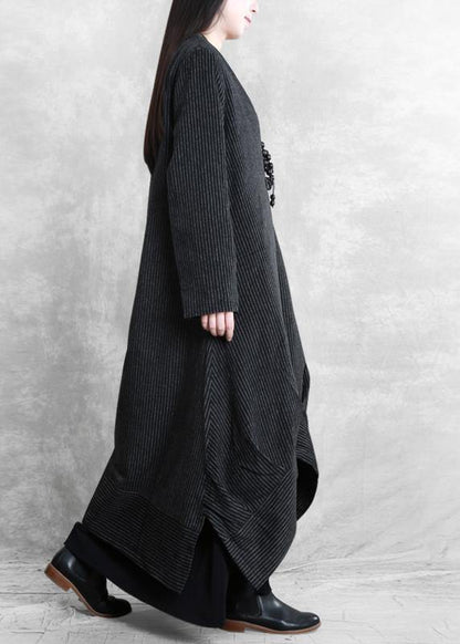 Fashion Loose fitting trench coat black striped v neck patchwork Woolen Coats Women - SooLinen