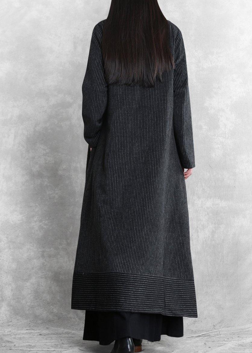 Fashion Loose fitting trench coat black striped v neck patchwork Woolen Coats Women - SooLinen