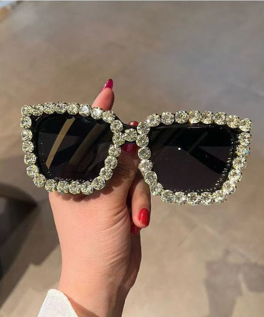 Fashion Luxury White Zircon Studded Sunglasses With Large Frame