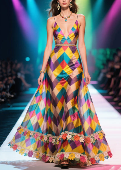 Fashion Multicolour Plaid Flower Decorated Chiffon Robe Dresses Summer