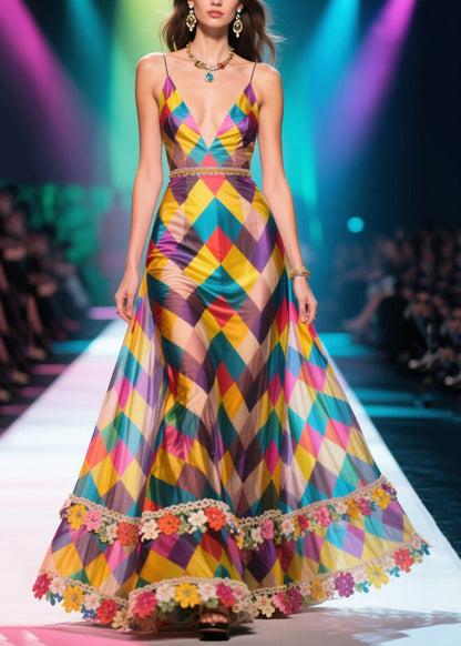 Fashion Multicolour Plaid Flower Decorated Chiffon Robe Dresses Summer