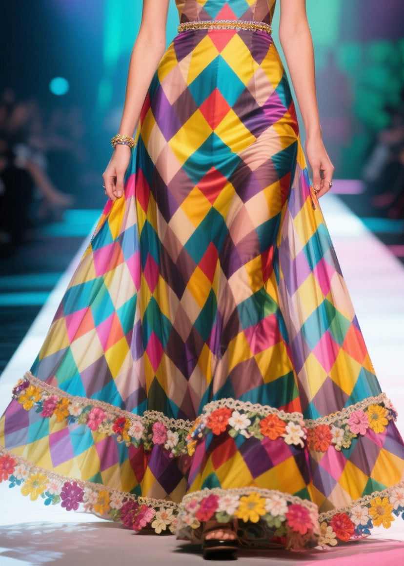 Fashion Multicolour Plaid Flower Decorated Chiffon Robe Dresses Summer