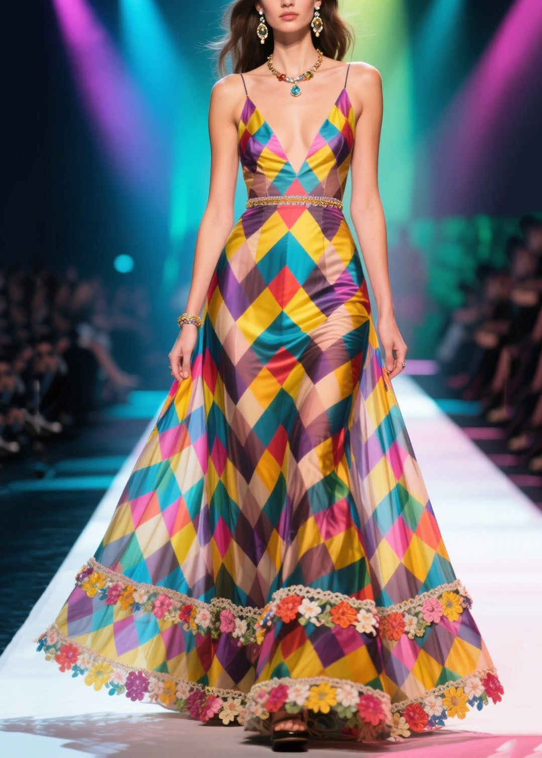 Fashion Multicolour Plaid Flower Decorated Chiffon Robe Dresses Summer