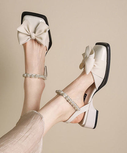 Mode Nagel Perle Schleife Spleißen Chunky Sandalen Khaki Kunstleder