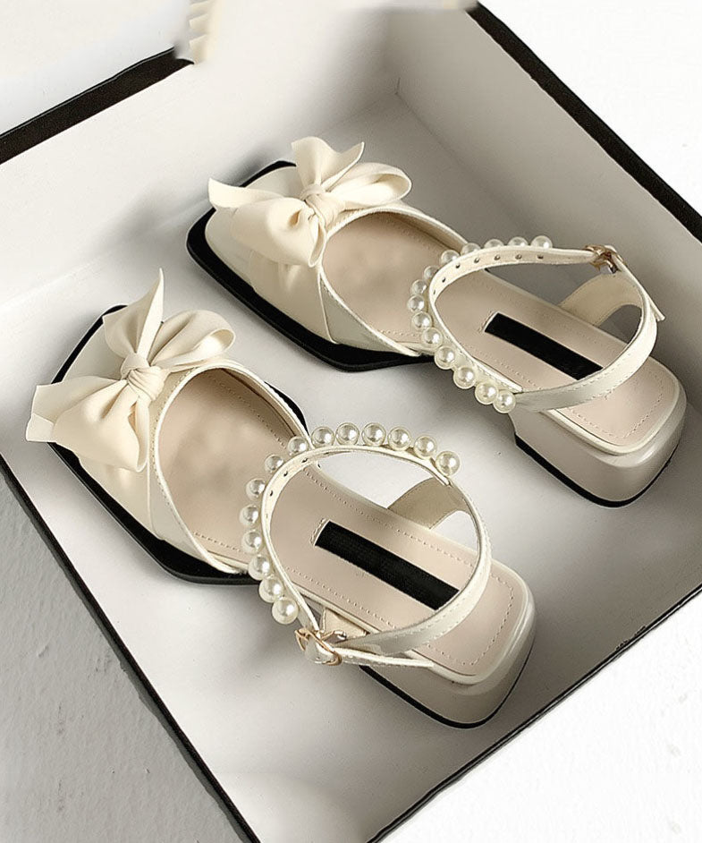Mode Nagel Perle Schleife Spleißen Chunky Sandalen Khaki Kunstleder