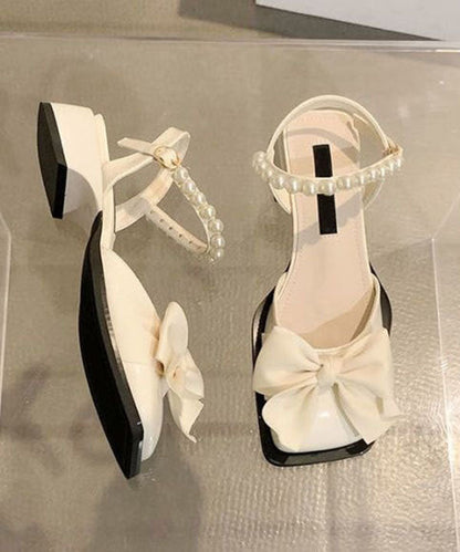 Mode Nagel Perle Schleife Spleißen Chunky Sandalen Khaki Kunstleder