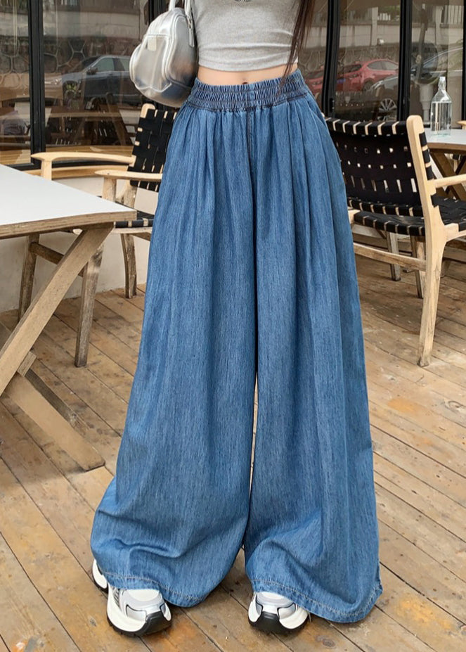 Fashion Navy Elastic Waist Denim Wide Leg Pants Summer