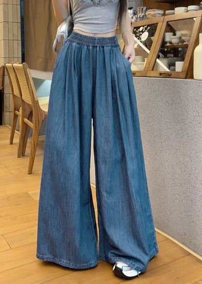 Fashion Navy Elastic Waist Denim Wide Leg Pants Summer