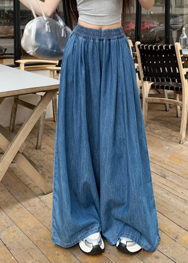 Fashion Navy Elastic Waist Denim Wide Leg Pants Summer