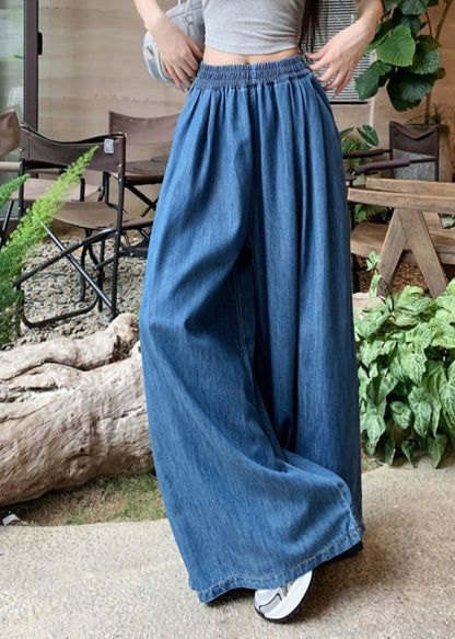 Fashion Navy Elastic Waist Denim Wide Leg Pants Summer