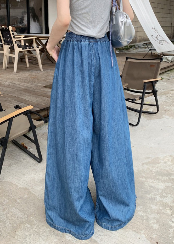 Fashion Navy Elastic Waist Denim Wide Leg Pants Summer