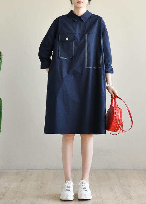 Fashion Navy Long Sleeve Peter Pan Collar Cotton Spring Dresses - SooLinen