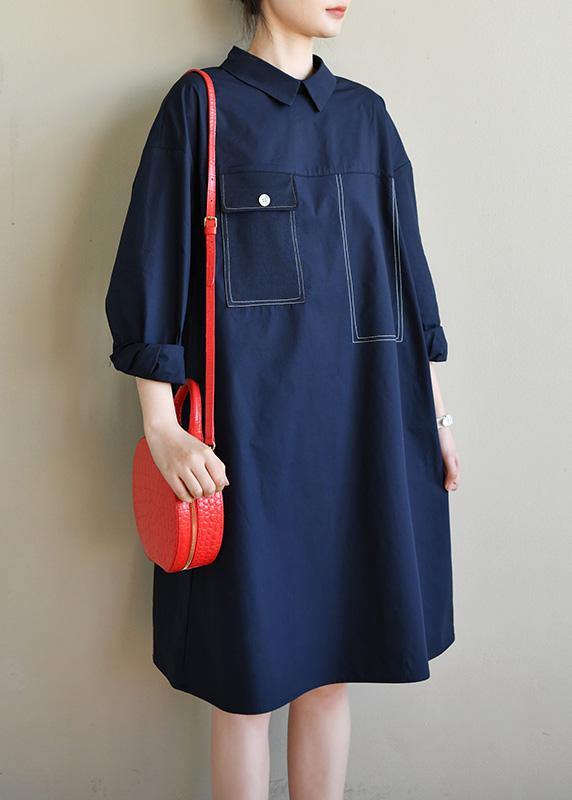 Fashion Navy Long Sleeve Peter Pan Collar Cotton Spring Dresses - SooLinen