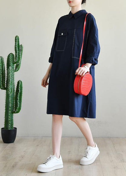 Fashion Navy Long Sleeve Peter Pan Collar Cotton Spring Dresses - SooLinen