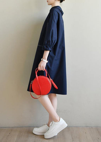 Fashion Navy Long Sleeve Peter Pan Collar Cotton Spring Dresses - SooLinen