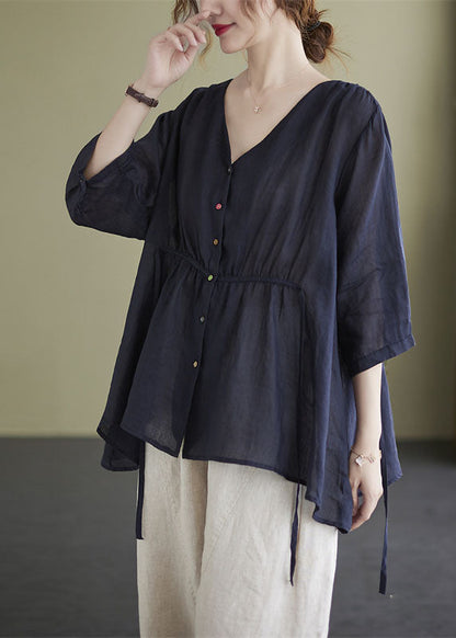 Fashion Navy Loose Button Tie Taille asymmetrisches Design Herbst Dreiviertelärmel Shirt Top