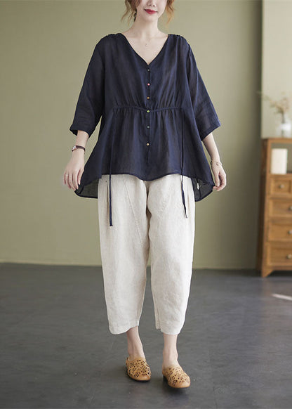 Fashion Navy Loose Button Tie Taille asymmetrisches Design Herbst Dreiviertelärmel Shirt Top