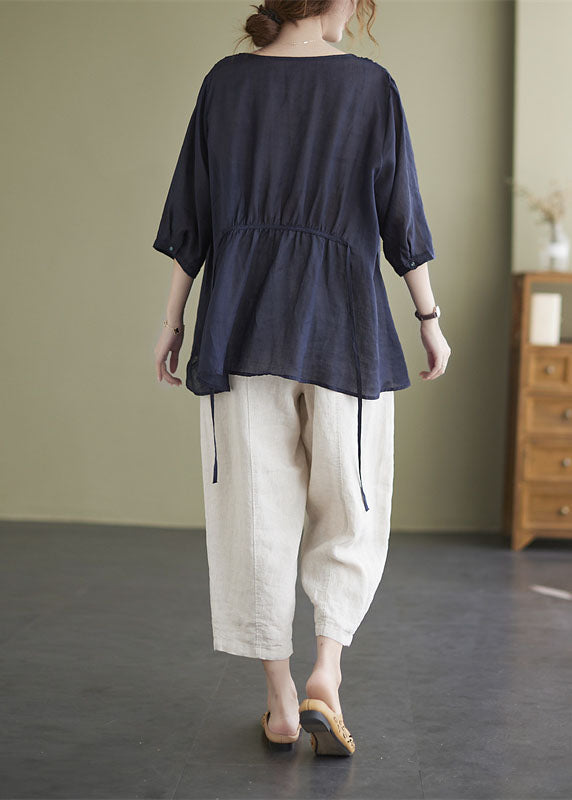 Fashion Navy Loose Button Tie Taille asymmetrisches Design Herbst Dreiviertelärmel Shirt Top