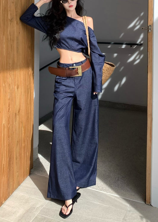 Fashion Navy One Shoulder Denim Two Piece Suit Set Summer