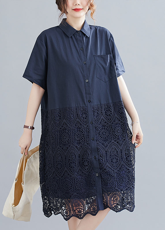 Mode Marine Peter Pan Kragen Knopf Spitze Patchwork Aushöhlen Hemdkleid Kurzarm