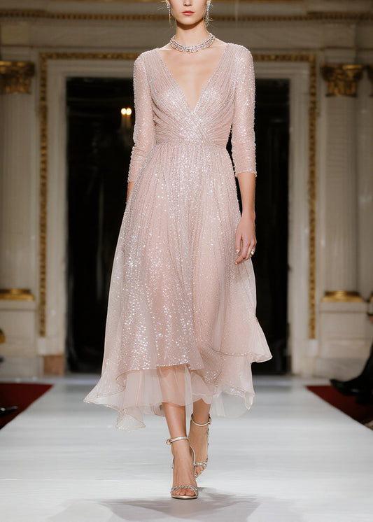 Fashion Nude Sequins V Neck Tulle Vacation Dresses Summer